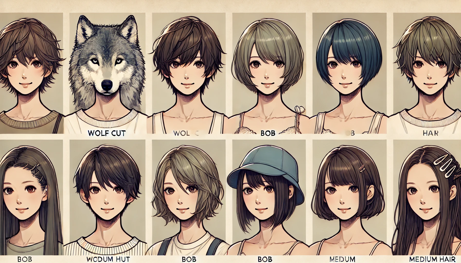 A digital illustration showing people with various hairstyles that match Aimyon’s style, including Wolf Cut, Bob, and Medium hair. Each hairstyle is presented on Japanese models with natural expressions, designed for a horizontal 16:9 layout. Background is neutral to emphasize the hairstyles.