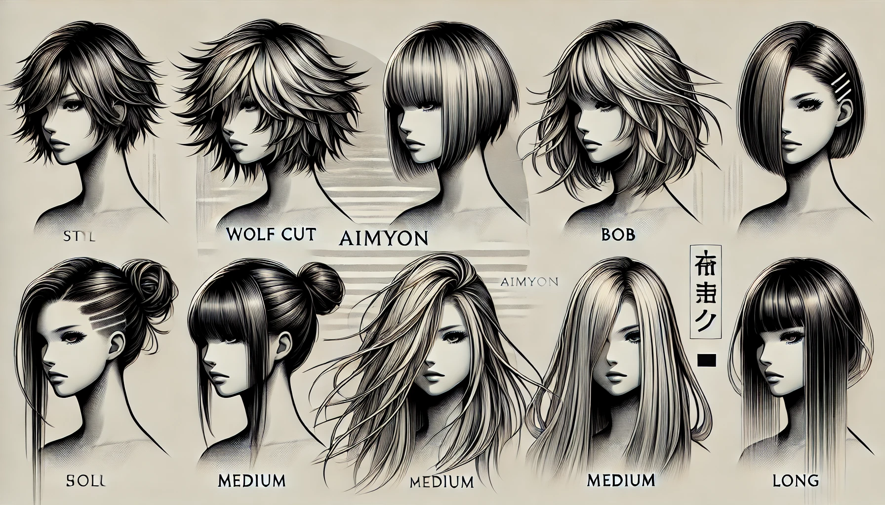 A sleek and artistic digital illustration of various hairstyles inspired by Aimyon, showcasing styles like Wolf Cut, Bob, Medium, and Long hair. The styles are depicted on a neutral background with hair details prominently highlighted, emphasizing Japanese aesthetics. The image is designed for a wide 16:9 aspect ratio.