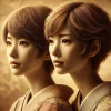 A detailed and artistic representation of two Japanese women who resemble each other, sitting side by side with a soft, natural background. The focus is on their faces, highlighting their distinct yet similar features, both having short hairstyles. The atmosphere is warm and serene, with a touch of artistic lighting. Horizontal orientation, 16:9 ratio.