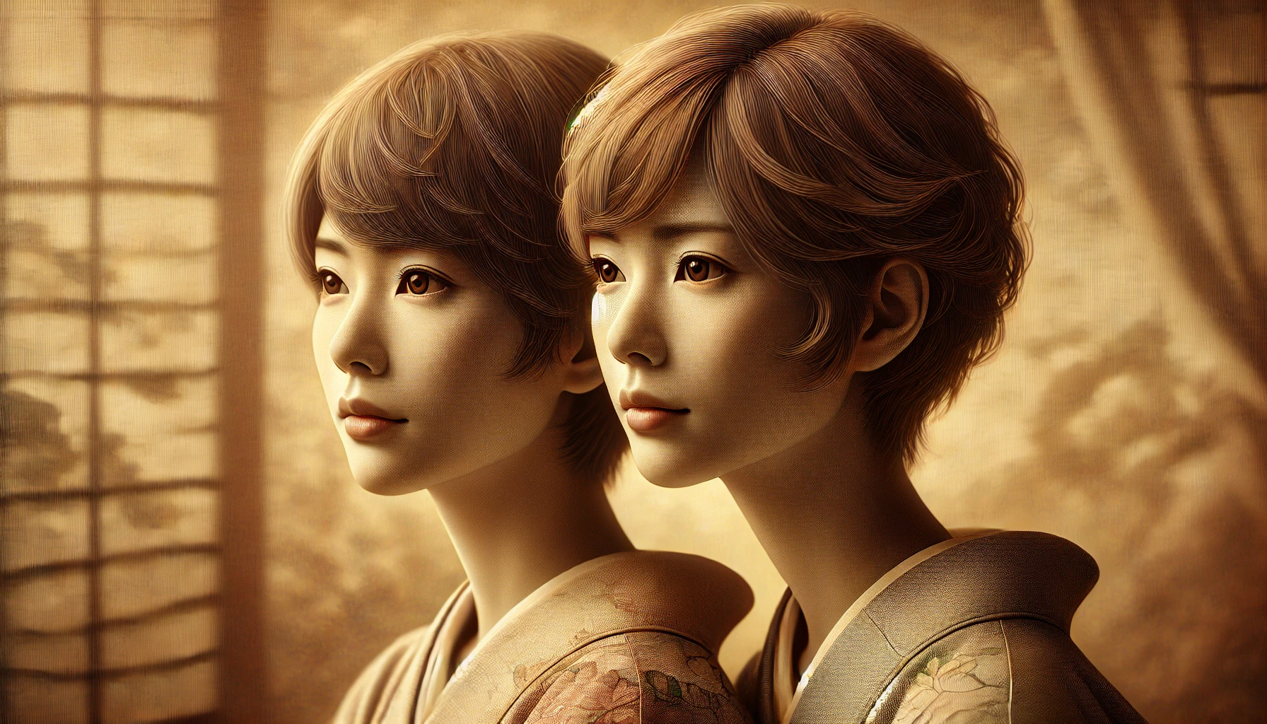 A detailed and artistic representation of two Japanese women who resemble each other, sitting side by side with a soft, natural background. The focus is on their faces, highlighting their distinct yet similar features, both having short hairstyles. The atmosphere is warm and serene, with a touch of artistic lighting. Horizontal orientation, 16:9 ratio.