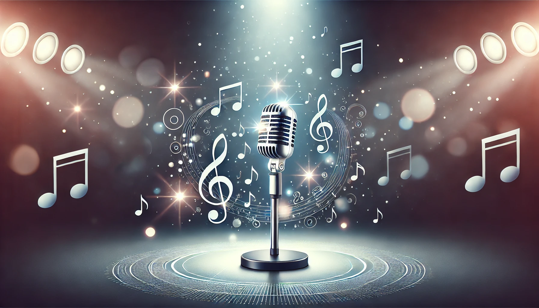 A visually engaging illustration of a microphone on a stage with soft ambient lighting and musical notes floating in the background, representing the ease and difficulty of singing songs, 16:9 aspect ratio.