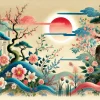 A poetic depiction of a Japanese-inspired nature scene symbolizing love, loss, and hope, with flourishing flowers and delicate plants growing under soft sunlight, evoking emotions of connection and growth, designed to represent themes from lyrics. Vibrant colors with gentle tones, horizontal layout, no human figures.