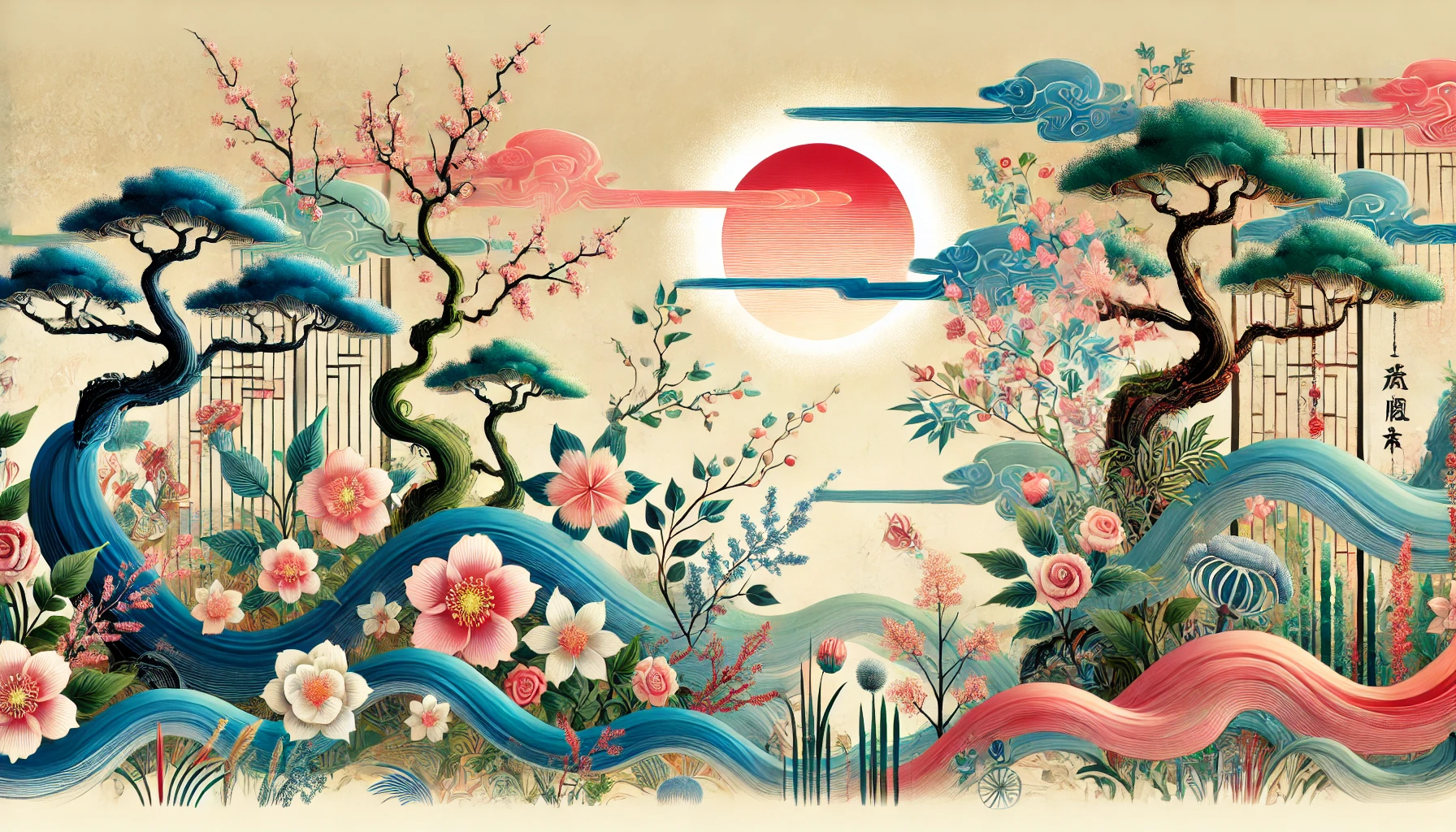 A poetic depiction of a Japanese-inspired nature scene symbolizing love, loss, and hope, with flourishing flowers and delicate plants growing under soft sunlight, evoking emotions of connection and growth, designed to represent themes from lyrics. Vibrant colors with gentle tones, horizontal layout, no human figures.