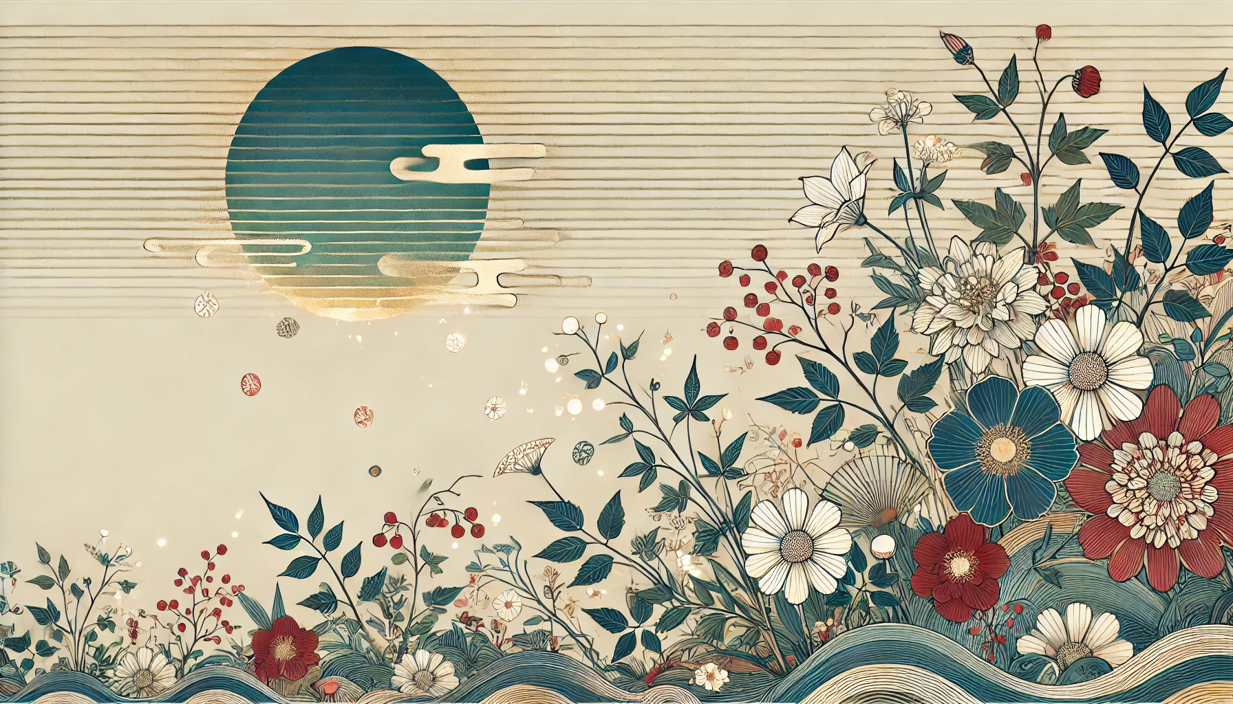 An abstract illustration of Japanese-inspired natural elements portraying the lyrical meaning of love, loss, and hope; symbolic flowers and plants growing alongside gentle light rays, representing emotional themes and rebirth. A serene and emotional landscape in horizontal layout, no human figures.