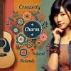 A vibrant and stylish representation of a Japanese female artist symbolizing charm and creativity, with a natural and relatable aesthetic. The setting features a colorful backdrop with music-inspired elements like guitar motifs, emphasizing a casual yet trendy vibe. The atmosphere exudes warmth and approachability, making her appeal relatable and universally appreciated. 16:9 aspect ratio.