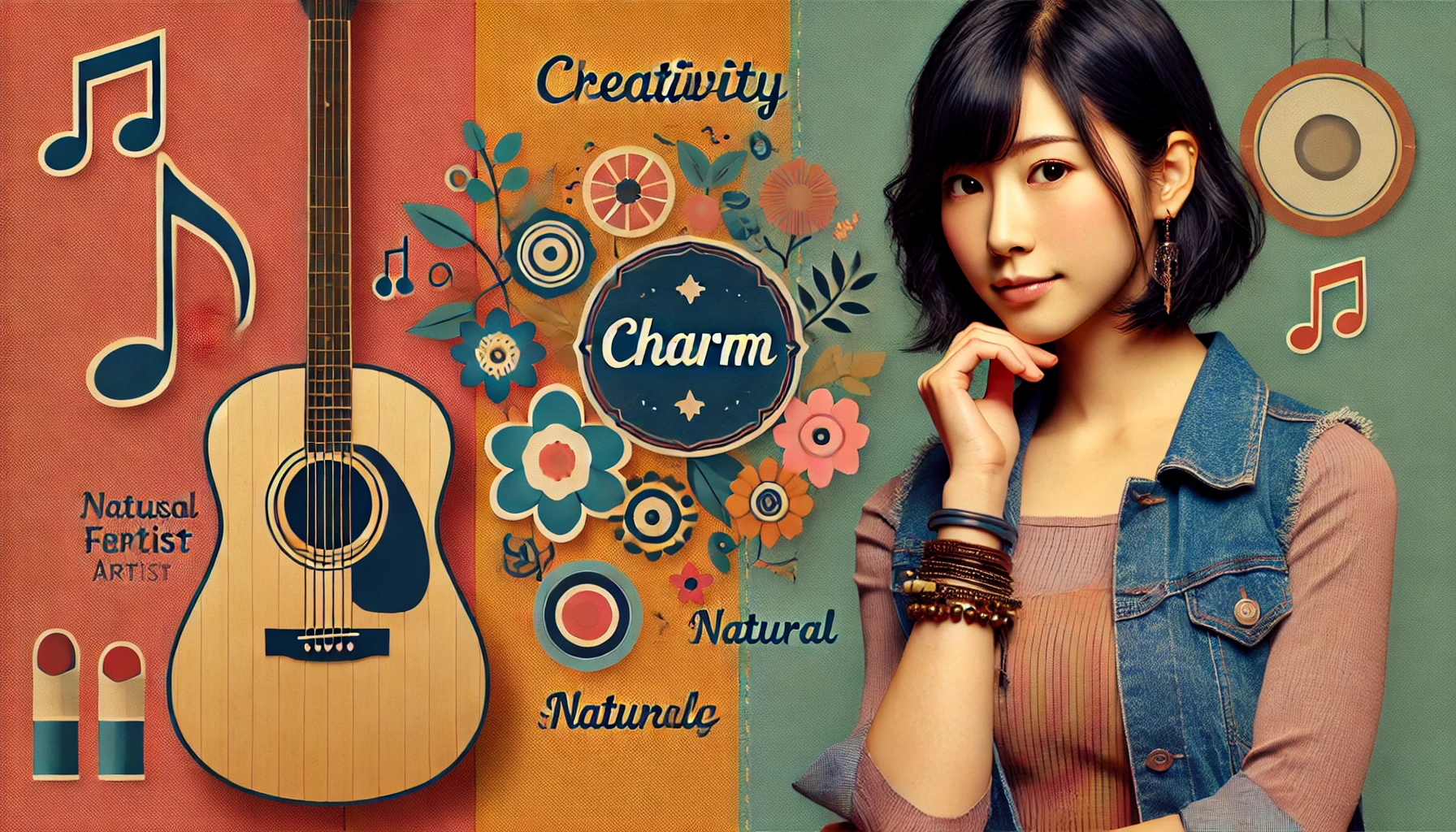 A vibrant and stylish representation of a Japanese female artist symbolizing charm and creativity, with a natural and relatable aesthetic. The setting features a colorful backdrop with music-inspired elements like guitar motifs, emphasizing a casual yet trendy vibe. The atmosphere exudes warmth and approachability, making her appeal relatable and universally appreciated. 16:9 aspect ratio.