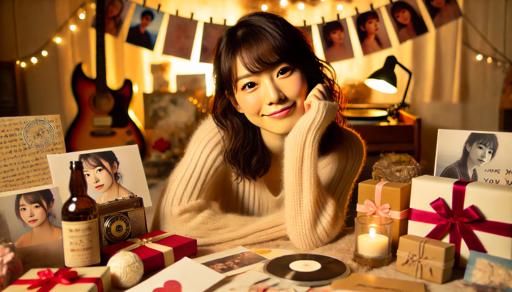 A cozy and intimate portrayal of a Japanese female artist with a cheerful expression, surrounded by fan letters and gifts. The background includes soft, warm lighting and a collection of items like music records and photographs, symbolizing fan appreciation. The setting highlights her approachable and relatable personality. 16:9 aspect ratio.