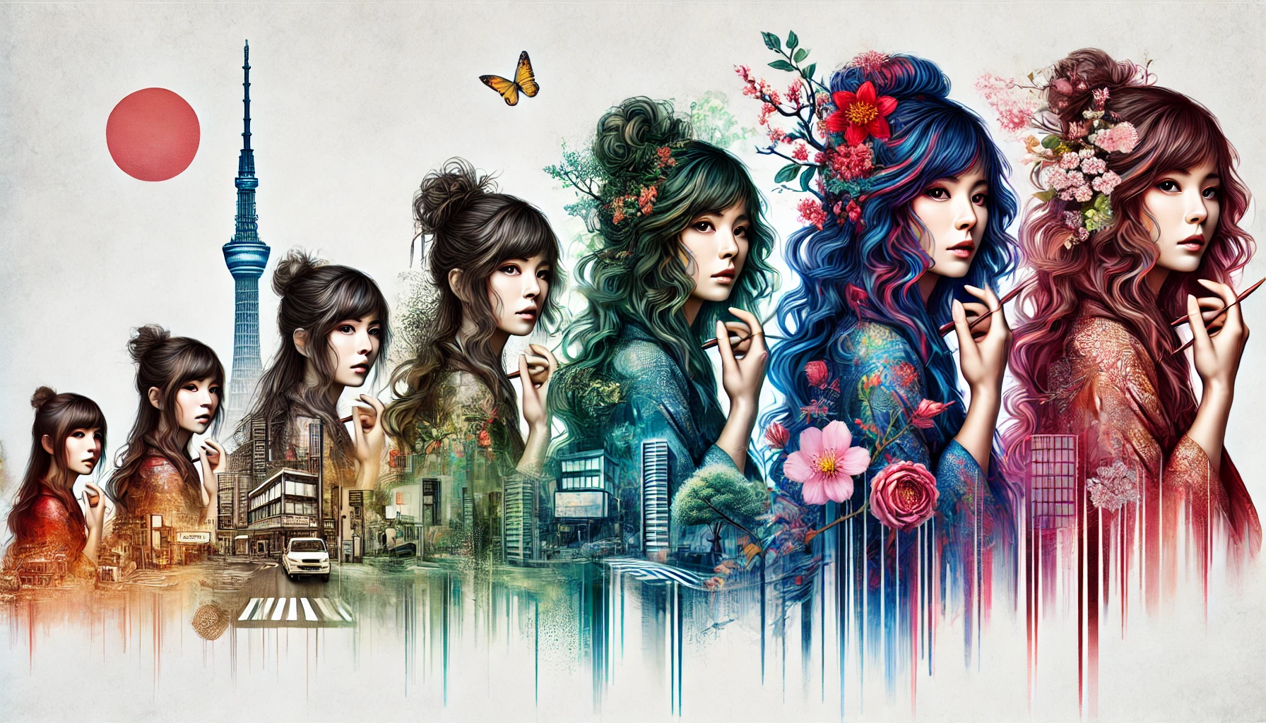 An artistic depiction of a Japanese female artist symbolizing her evolution, featuring a transition of hairstyles and fashion through different stages of her career. The background shows a blend of urban and natural elements, such as cityscapes and floral motifs, reflecting her personal and artistic growth. Vibrant yet balanced tones highlight her charm and uniqueness. 16:9 aspect ratio.