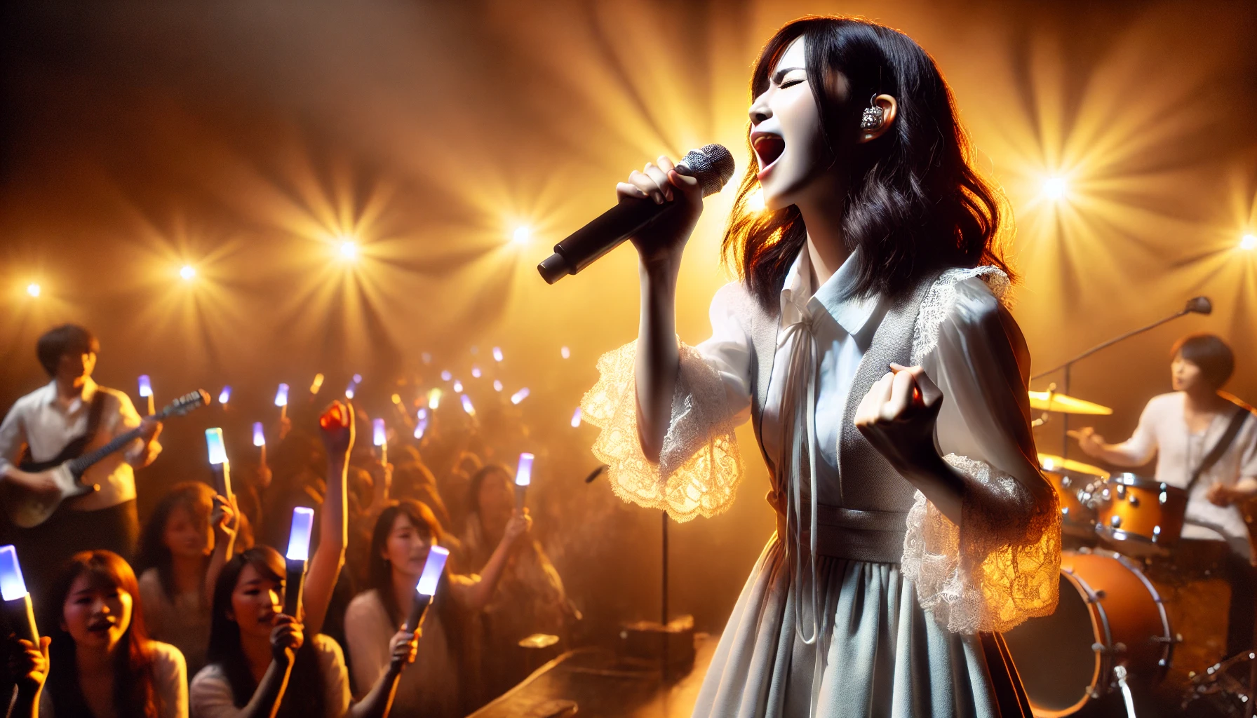 A Japanese female artist in a live performance setting, passionately singing on stage with dramatic lighting. The atmosphere is vibrant, showcasing her energy and connection with the audience. The background features a crowd with glowing light sticks and musical instruments, emphasizing the emotional impact of her performance. 16:9 aspect ratio.