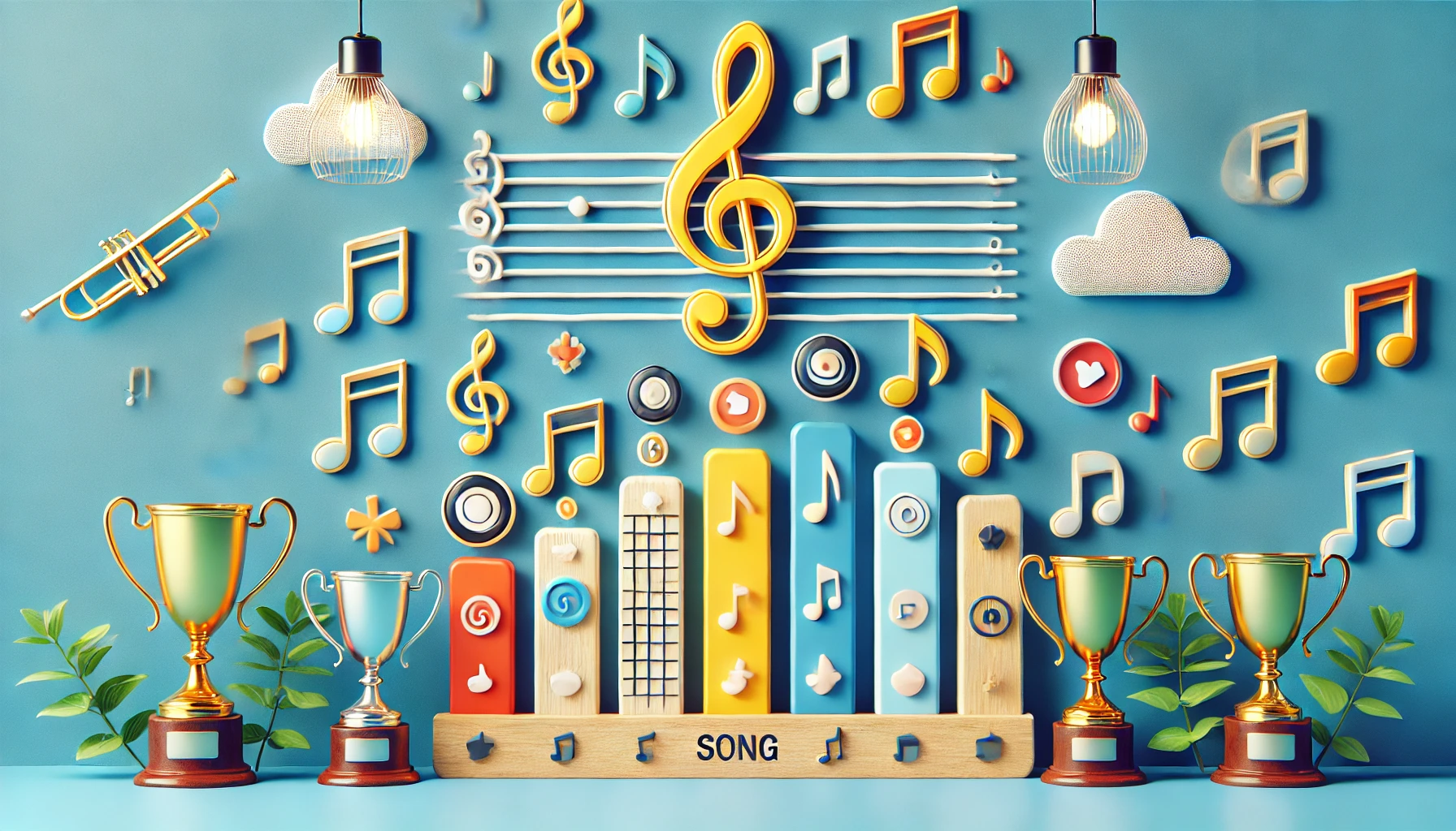 A ranking board with various musical elements like treble clefs, notes, and small trophies arranged around it, symbolizing a ranking of song ease and difficulty. Bright and cheerful colors, 16:9 aspect ratio.