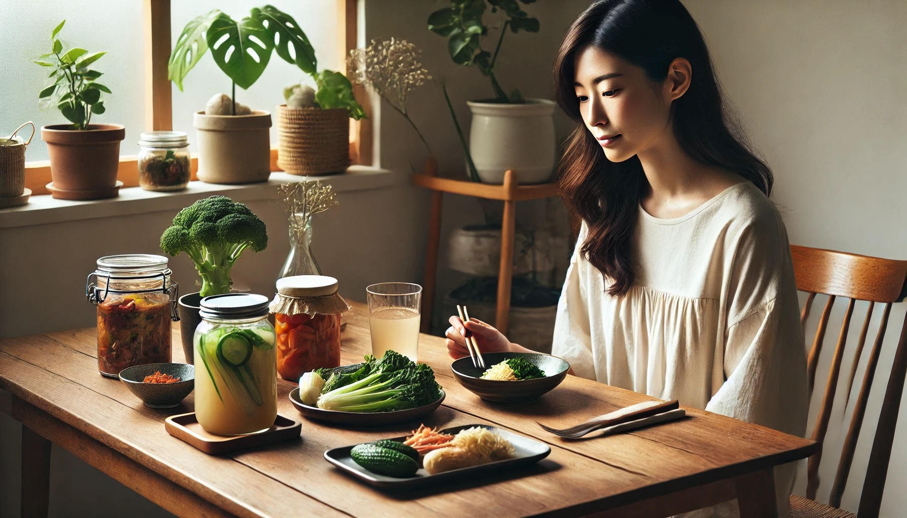 A serene Japanese woman sitting at a wooden dining table, enjoying a vegan meal with fermented foods and fresh vegetables, in a minimalist Japanese home setting, horizontal 16:9