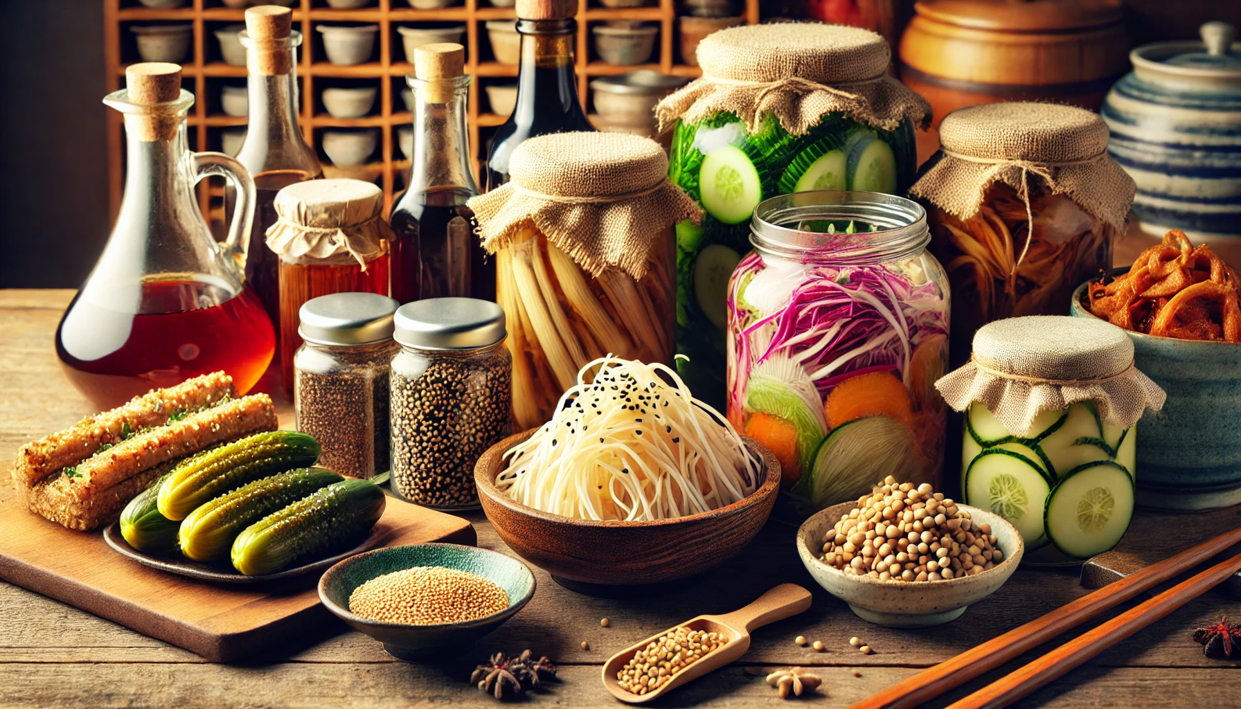 A vibrant close-up of various fermented foods like miso, pickles, and soy sauce jars, beautifully arranged on a wooden countertop in a Japanese kitchen, horizontal 16:9