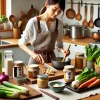 A Japanese woman in a modern kitchen preparing a vegan meal, surrounded by fresh vegetables and traditional Japanese utensils, highlighting fermented foods like miso, horizontal 16:9