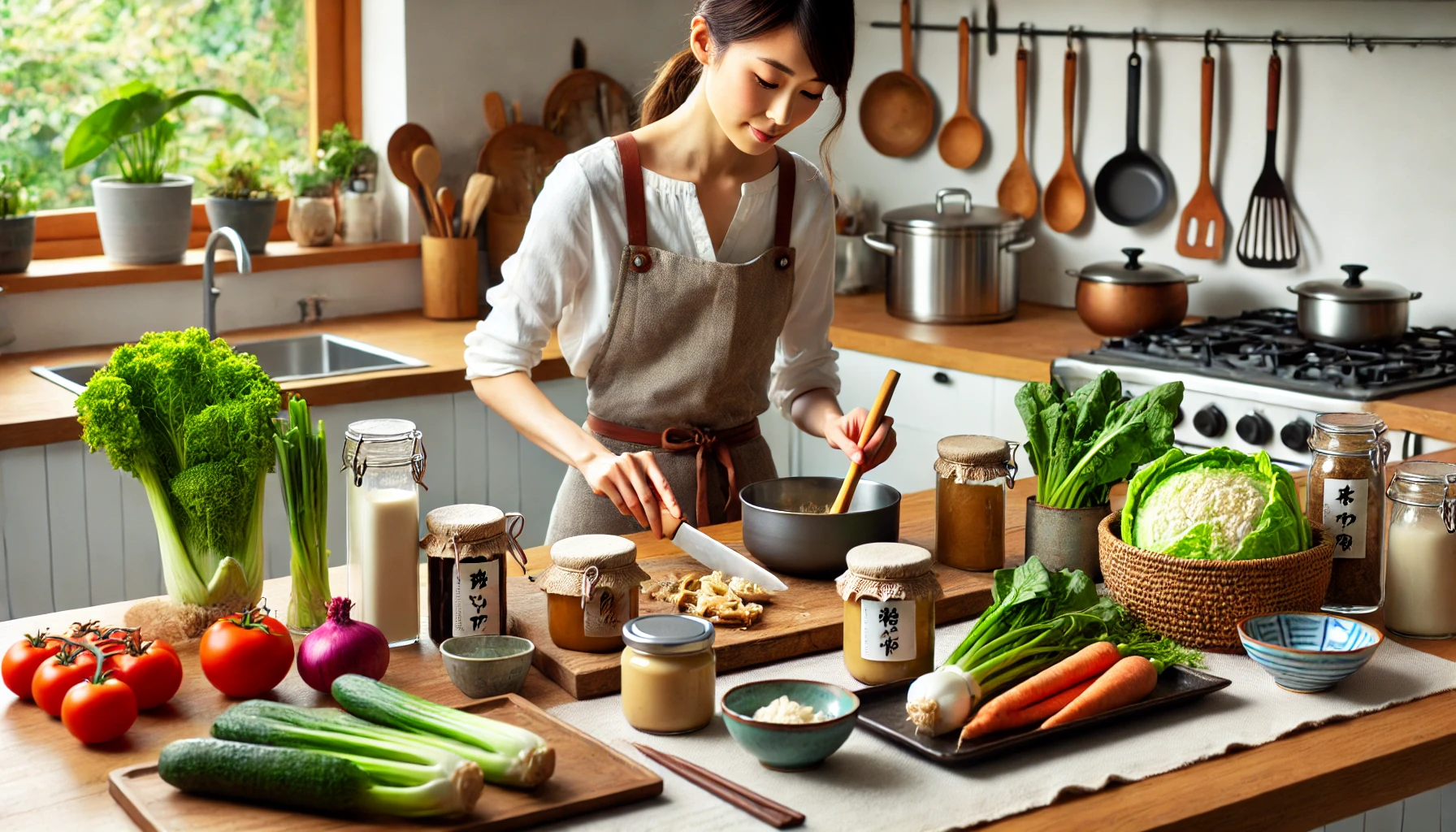 A Japanese woman in a modern kitchen preparing a vegan meal, surrounded by fresh vegetables and traditional Japanese utensils, highlighting fermented foods like miso, horizontal 16:9