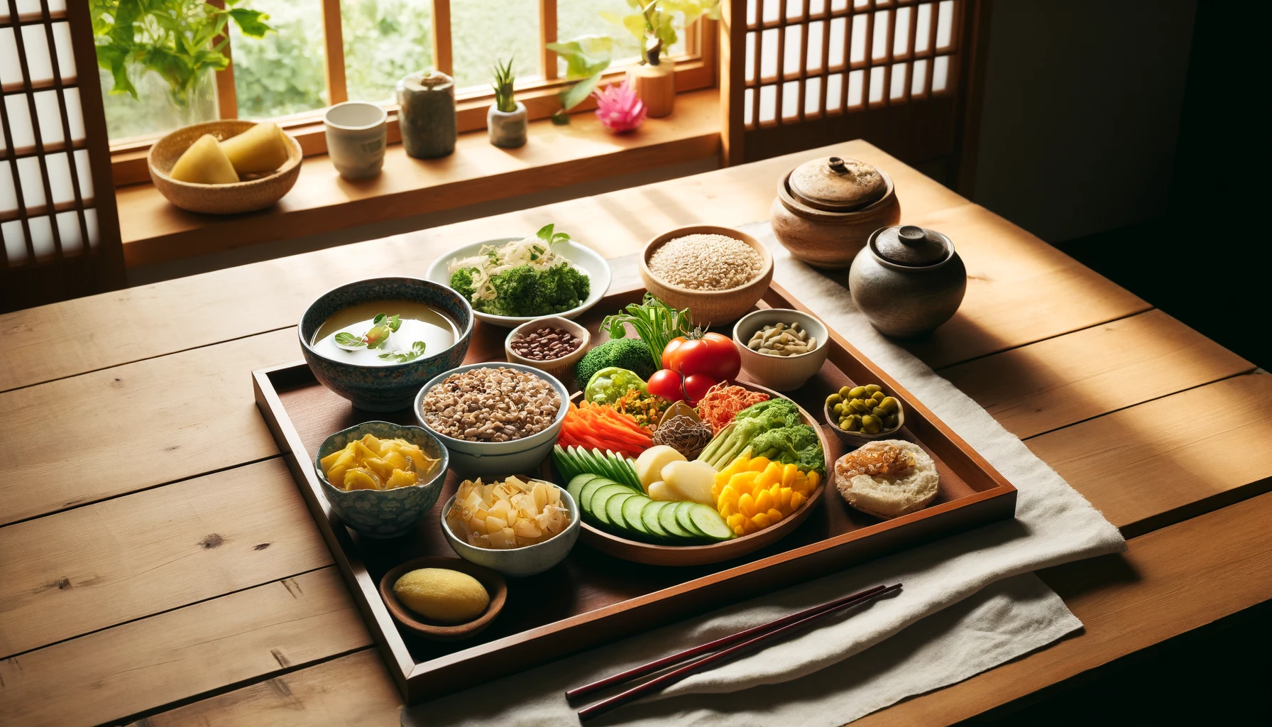 A beautifully arranged vegan meal on a wooden table, featuring colorful vegetables, grains, and fermented foods like miso soup and pickles, in a cozy Japanese home setting, natural light streaming through the window, horizontal 16:9