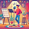 A vibrant illustration showing a person standing confidently with a microphone, practicing singing in a cozy room with musical notes and lyrics displayed on a stand, 16:9 aspect ratio.