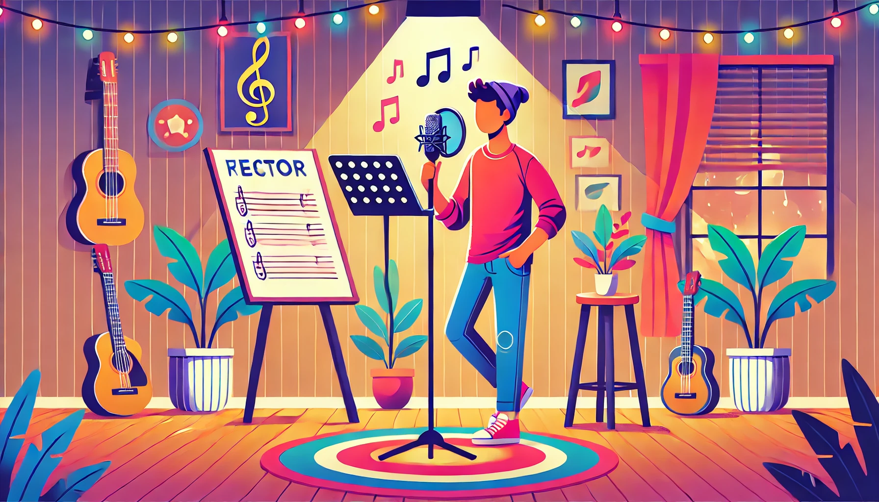 A vibrant illustration showing a person standing confidently with a microphone, practicing singing in a cozy room with musical notes and lyrics displayed on a stand, 16:9 aspect ratio.