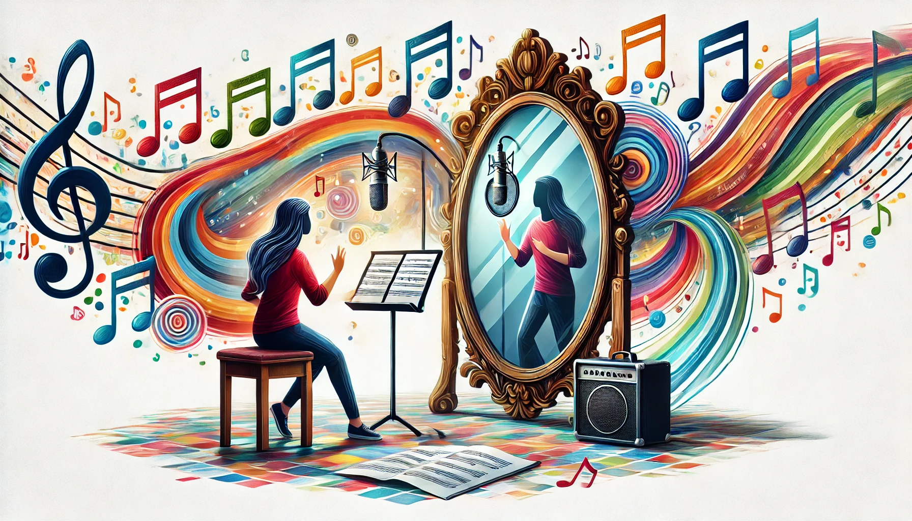 An artistic representation of vocal training, featuring a singer practicing with a microphone in front of a large mirror, surrounded by colorful notes and a music stand, 16:9 aspect ratio.