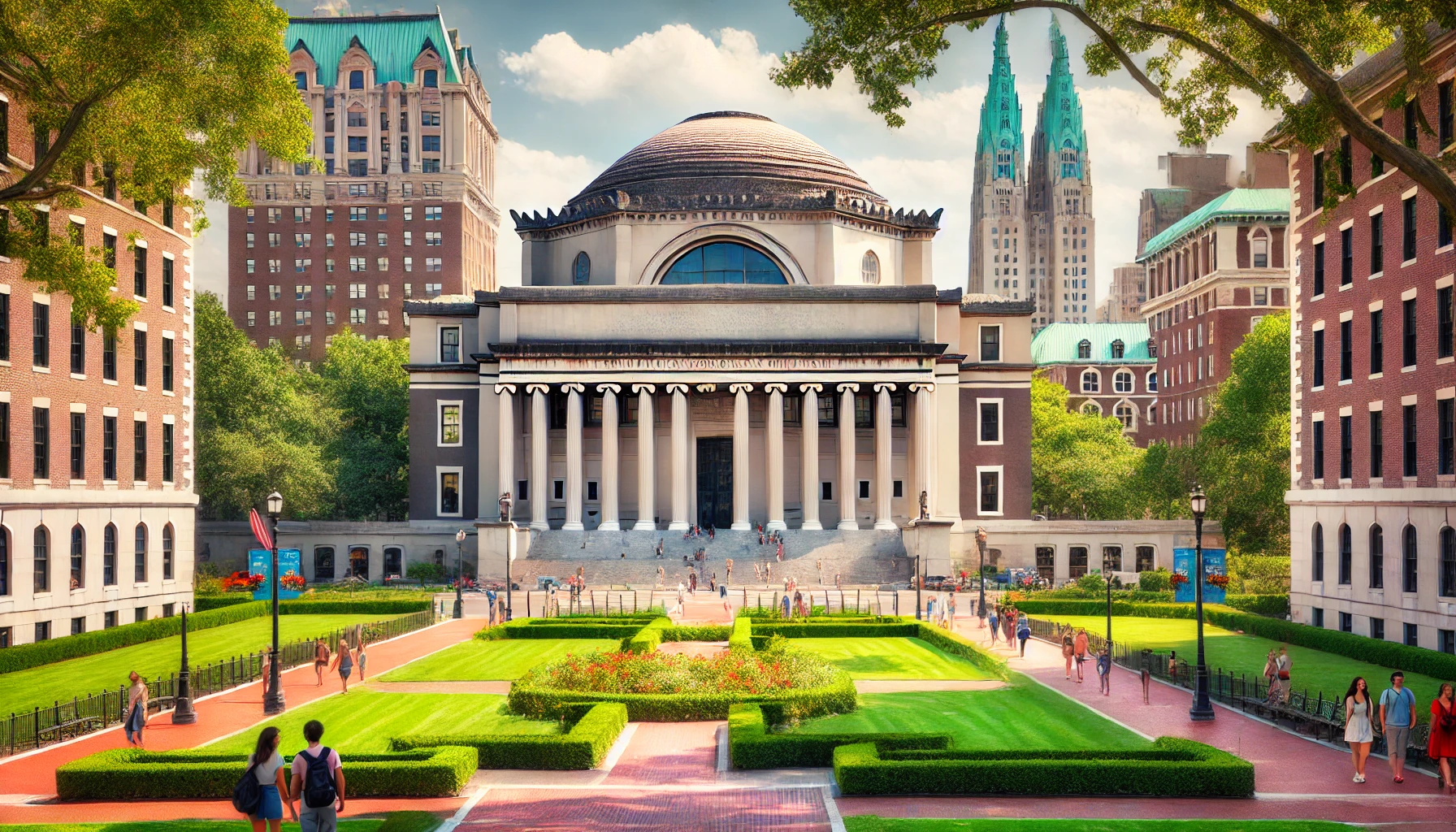 A scenic view of Columbia University campus in New York City, featuring iconic neoclassical architecture, lush greenery, and students walking around, captured in a horizontal 16:9 aspect ratio.