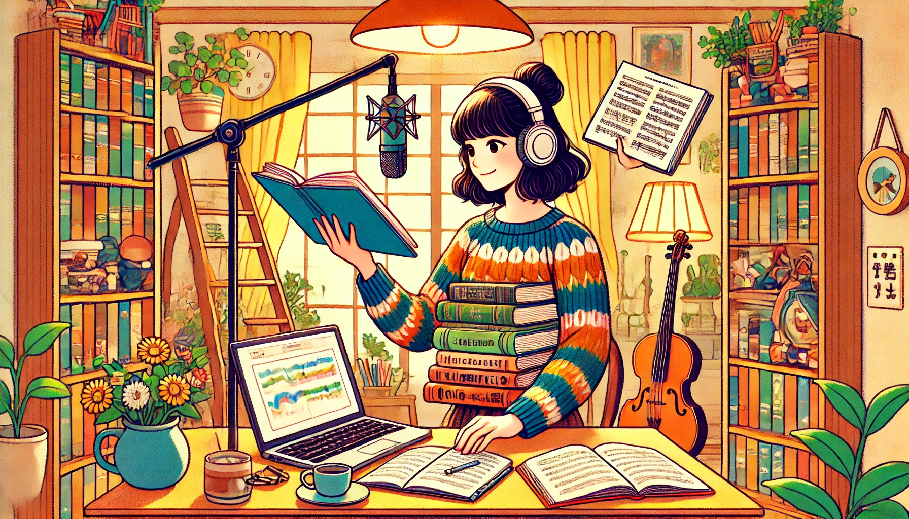 A vibrant scene of a Japanese woman balancing academic work and creative pursuits, seated at a desk with books and a microphone, in a cozy room. Horizontal aspect ratio 16:9.