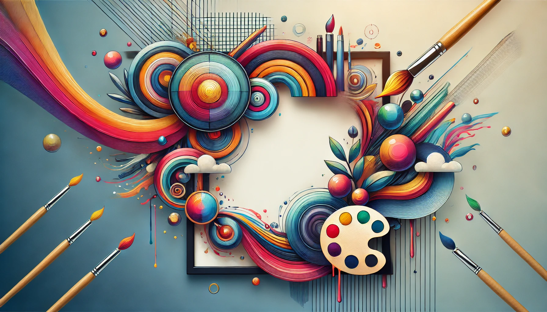 A conceptual illustration showcasing a modern art style that represents the idea of artistic talent, featuring vibrant colors and abstract forms. The composition includes elements of brushes and paint strokes symbolizing creativity, all framed within a contemporary aesthetic, without any text.