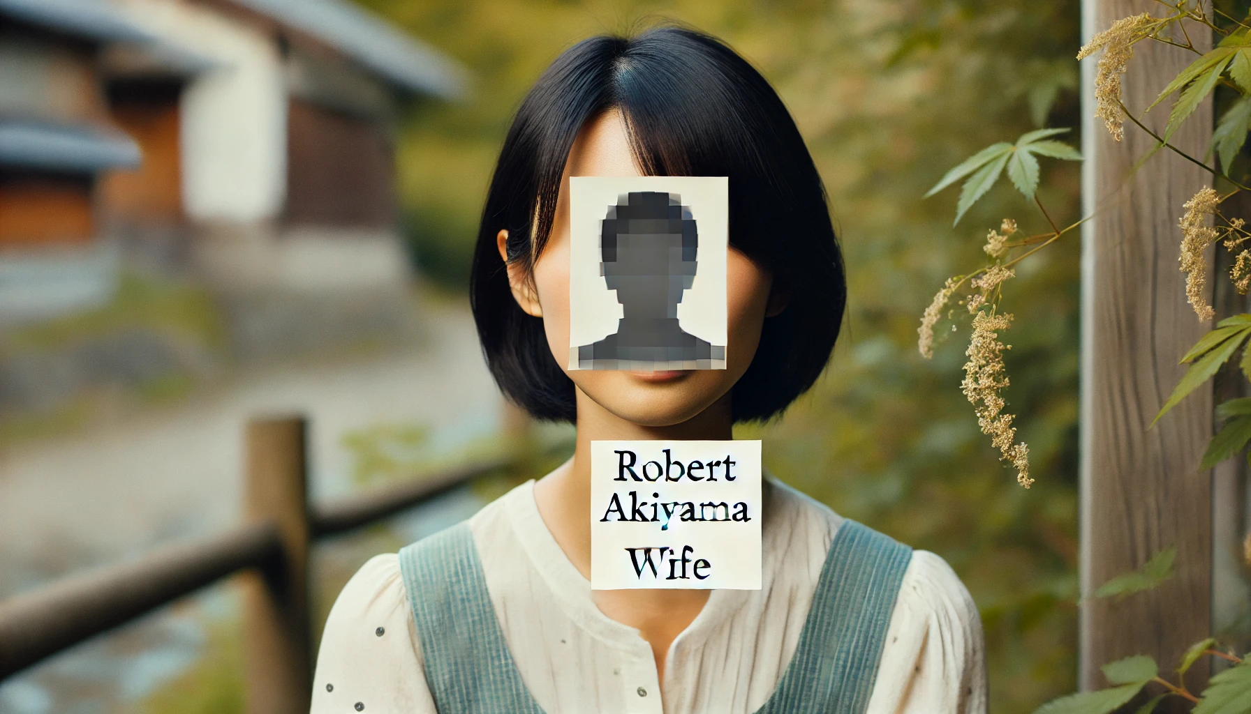 A photograph of a Japanese woman with her face intentionally obscured, representing Robert Akiyama's wife. The image is taken in a natural setting, with soft lighting to emphasize privacy. The woman is dressed casually, and her surroundings suggest a peaceful atmosphere. The focus is on maintaining anonymity while conveying warmth and elegance.