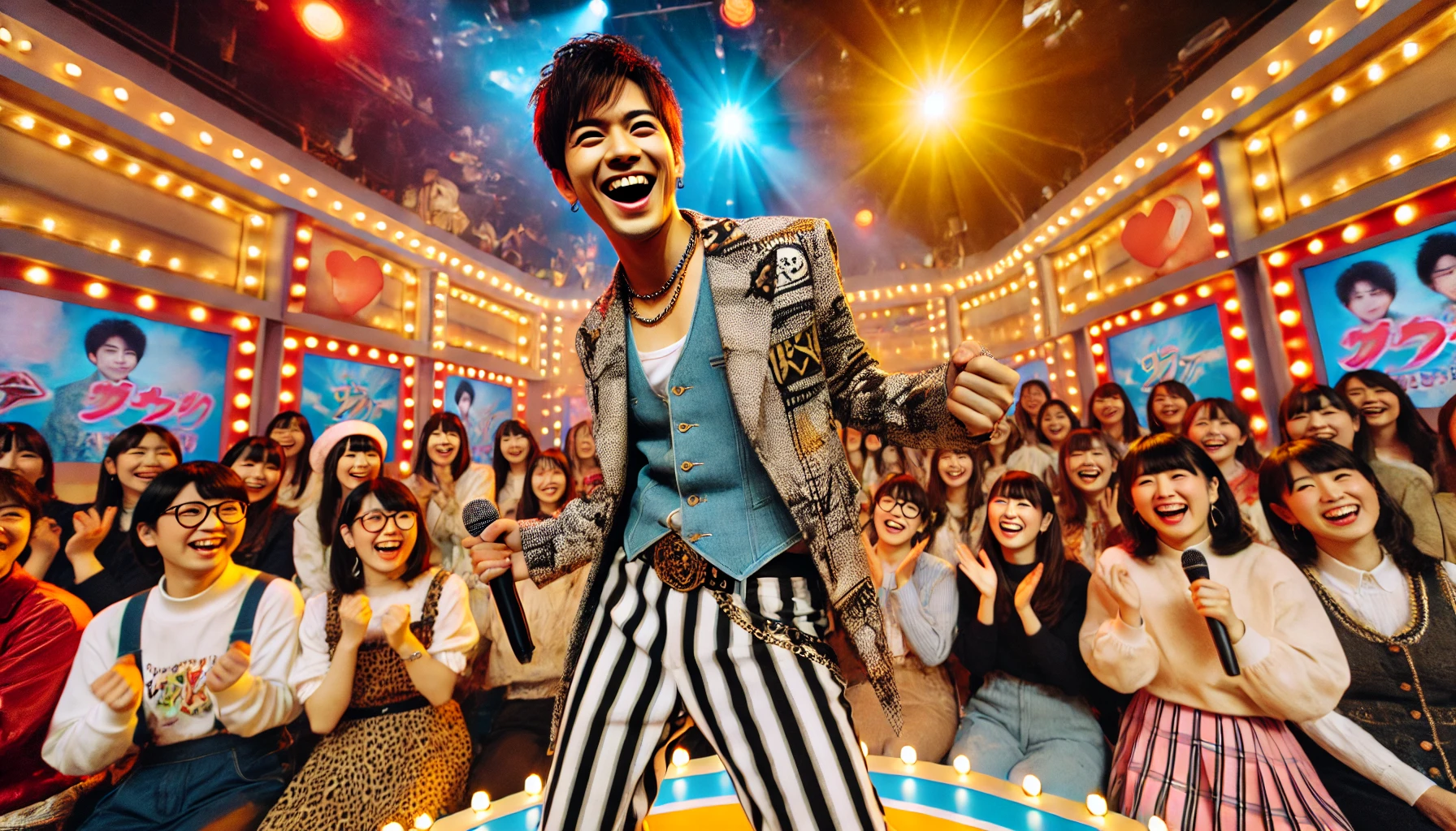 A stylish and energetic young Japanese comedian performing on a bright stage in the 2000s. The audience is laughing, and the comedian is wearing a trendy outfit from that era, exuding confidence and charisma. The stage is decorated with colorful lights and banners, capturing the energy of a popular comedy show. The atmosphere is fun and lively.