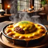 A delicious plate of "Hamburg in Yaki Curry," a specialty dish created by the father of Japanese comedian Robert Akiyama. The dish features a rich, cheesy baked curry with a juicy hamburger steak inside, served on a rustic wooden table with a cozy restaurant ambiance. Steam rises from the dish, emphasizing its warmth and freshly baked nature.