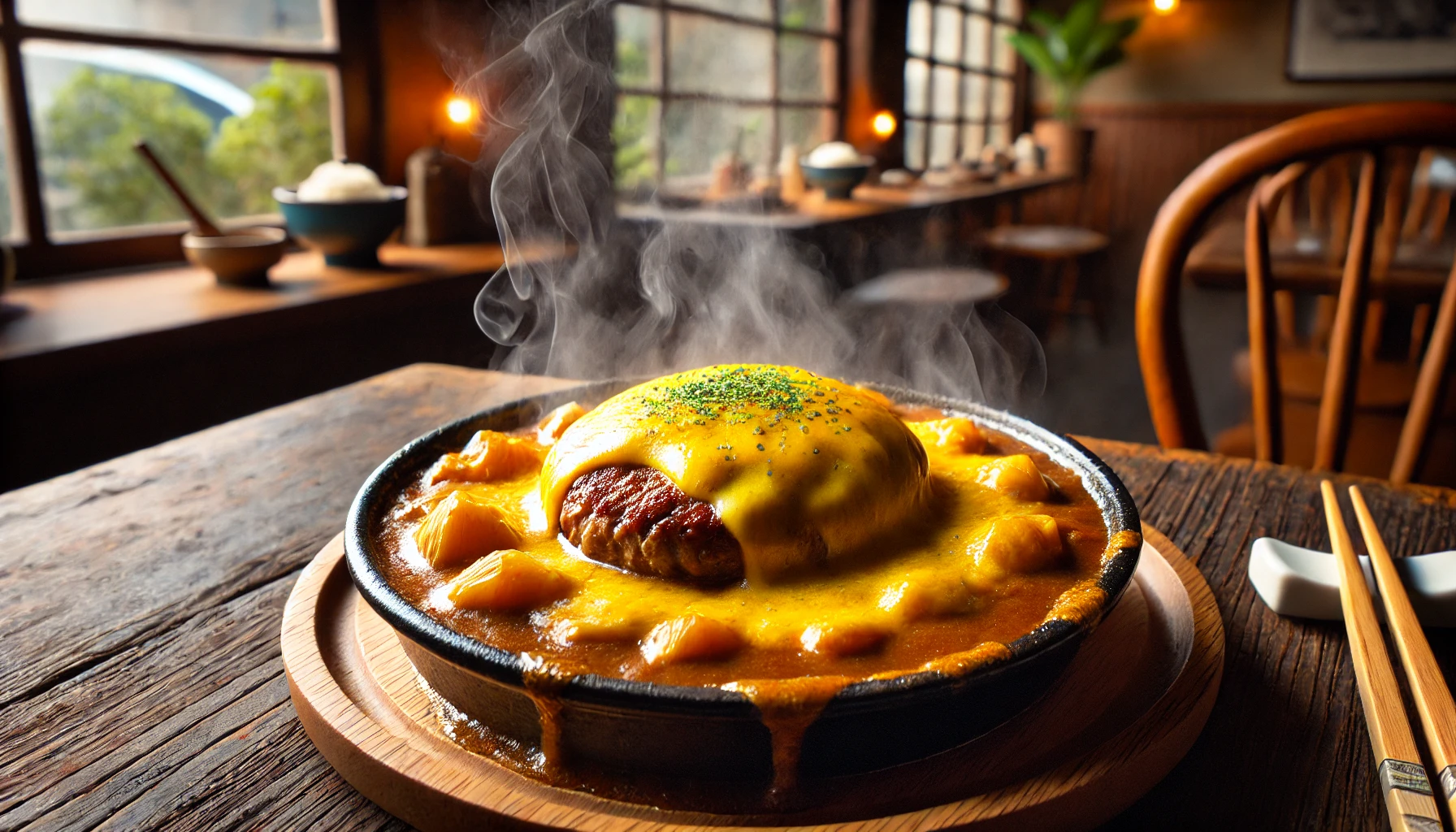 A delicious plate of "Hamburg in Yaki Curry," a specialty dish created by the father of Japanese comedian Robert Akiyama. The dish features a rich, cheesy baked curry with a juicy hamburger steak inside, served on a rustic wooden table with a cozy restaurant ambiance. Steam rises from the dish, emphasizing its warmth and freshly baked nature.