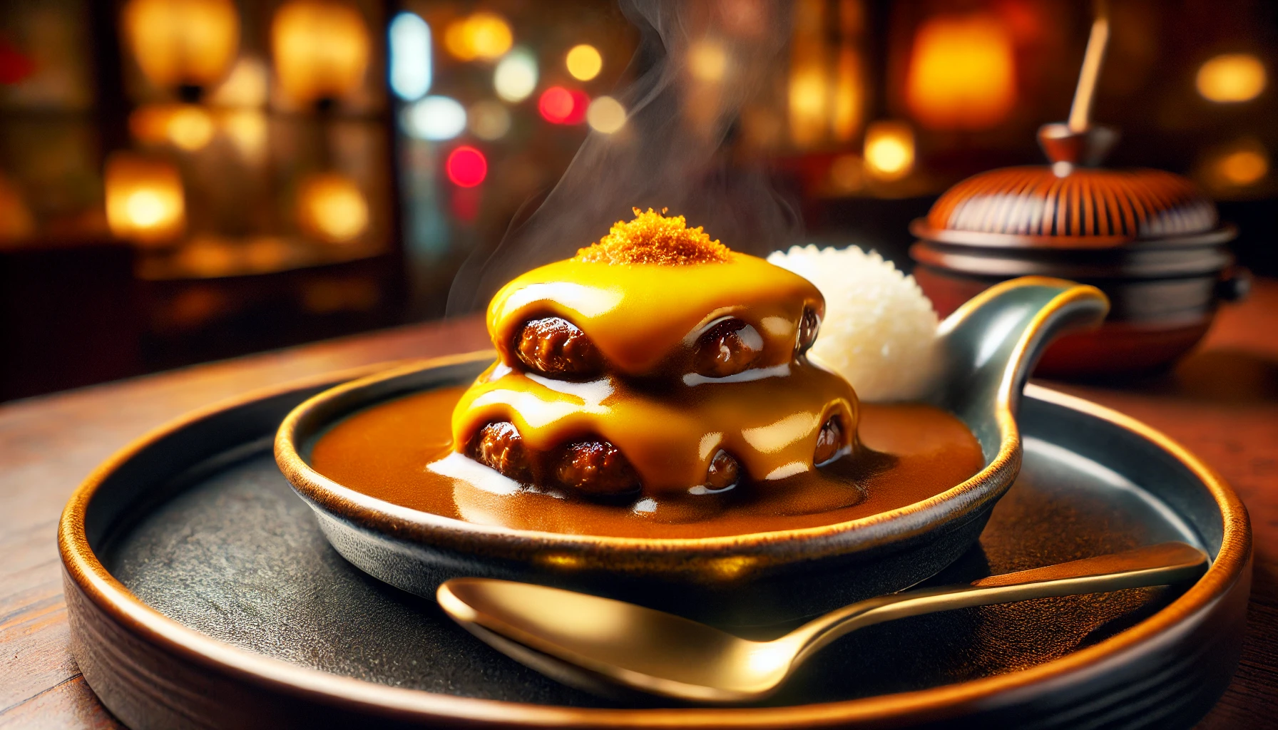 A close-up of "Hamburg in Yaki Curry," a signature dish by the father of Japanese comedian Robert Akiyama, showcasing its golden-brown cheese topping and steaming curry sauce. The dish is placed on a stylish ceramic plate with a spoon resting beside it. The background is blurred but suggests a lively restaurant setting with warm lighting.