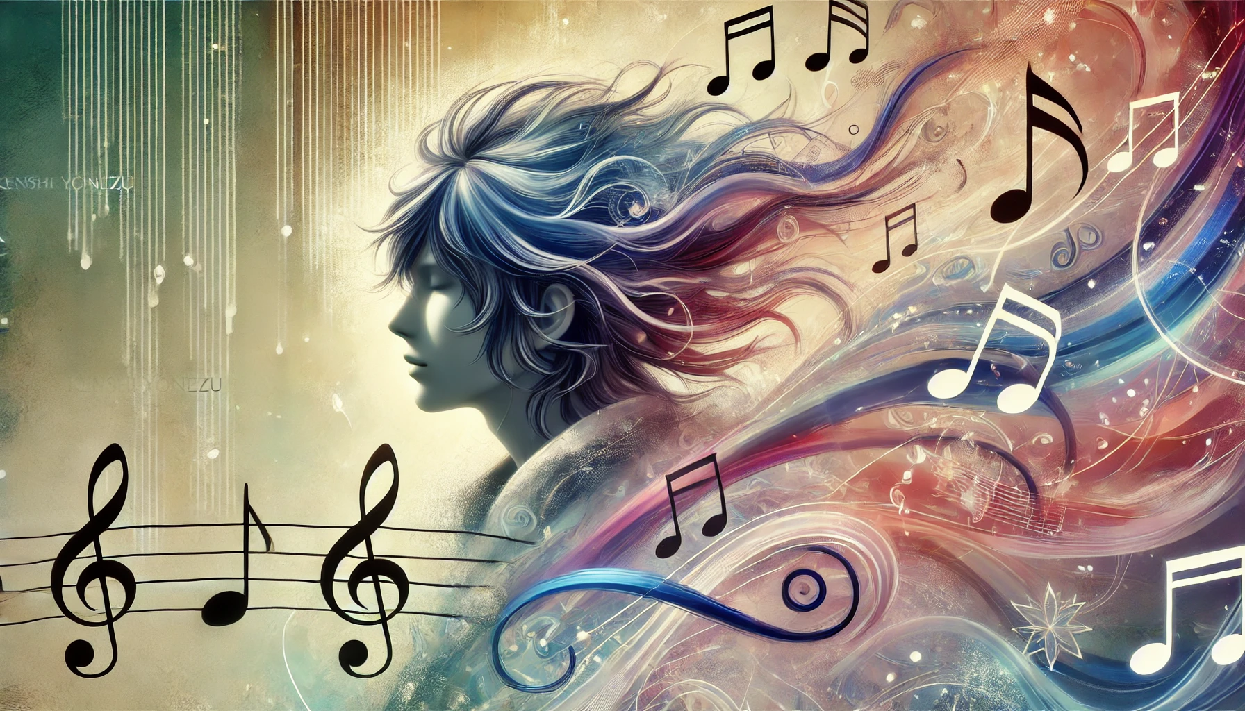 A conceptual digital illustration representing the meaning and charm of Kenshi Yonezu's hairstyles. The image features symbolic elements like flowing hair merging with musical notes, emphasizing the deep connection between his hairstyles and artistic expression. The background is abstract and dreamlike, with soft colors enhancing the creative essence. No text included.