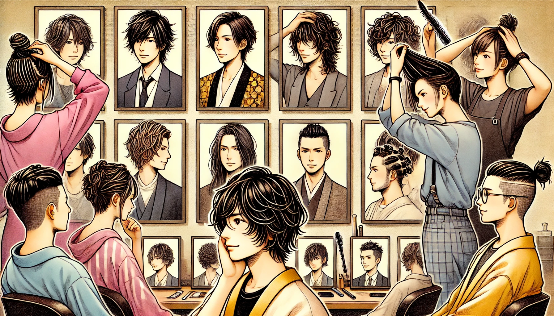 An artistic digital illustration of Kenshi Yonezu's fans who admire his hairstyles. The image features a diverse group of Japanese fans looking at pictures of his different hairstyles, trying to style their own hair similarly. Some fans have mash cuts, others attempt wavy or center-parted styles, creating a fun and engaging atmosphere. The background is a stylish, modern salon setting. No text included.