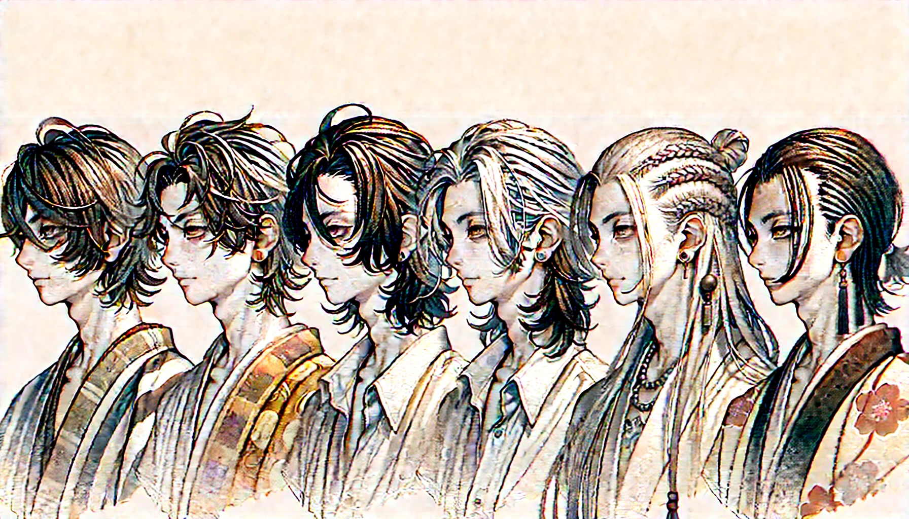 A digital artwork depicting the evolution of Kenshi Yonezu's hairstyles over the years. The image showcases different iconic hairstyles including his early messy cut, medium-length waves, and his more recent unique styles like center-parted hair and braids. The illustration should be in a soft, artistic style with a neutral background, emphasizing the transformation of his look over time. No text included.