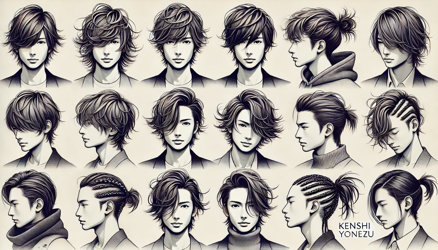 A stylish digital illustration showcasing different hairstyles of Kenshi Yonezu, a popular Japanese musician. The image should feature various hairstyles he has sported over the years, such as messy waves, a classic mash cut, a center part, and a unique braid style. The illustration should highlight the texture, movement, and uniqueness of each style. Background should be minimalistic with soft lighting to enhance the details of the hair. No text included.