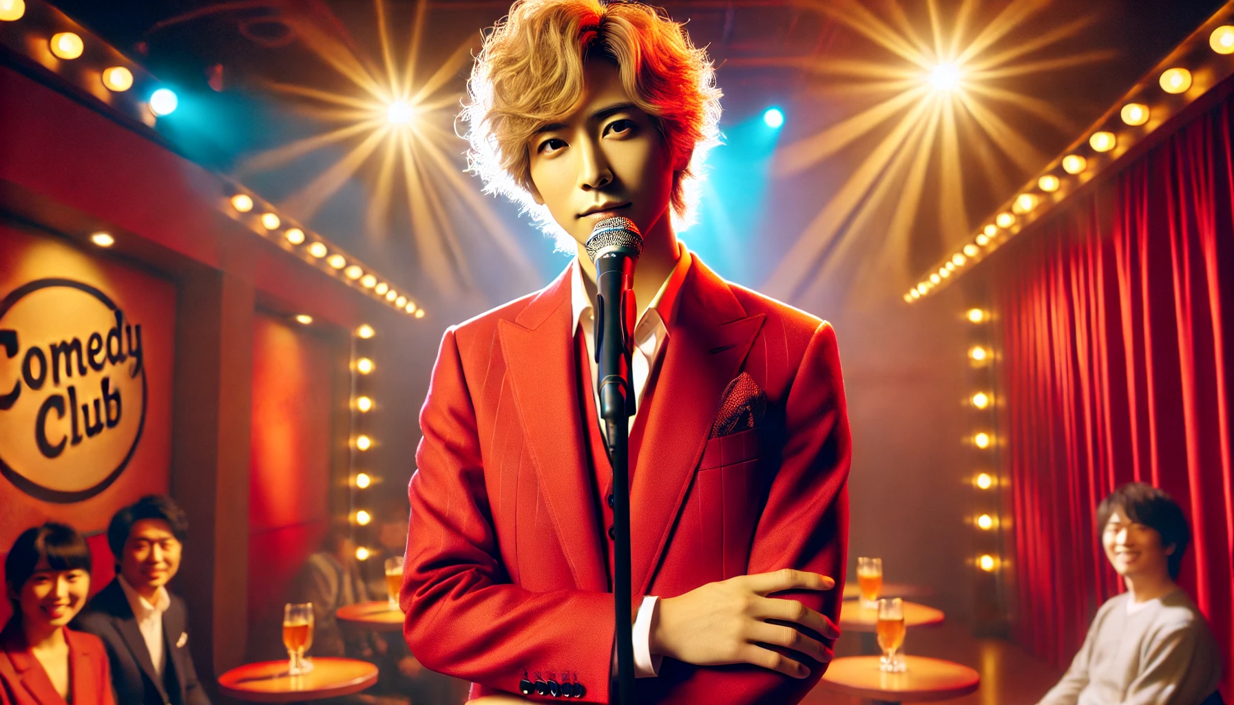 A Japanese male comedian wearing a red suit with wavy blonde hair, standing on a stage with a microphone, performing comedy. The background is a comedy club with a spotlight on him. Vibrant and engaging atmosphere.