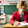 A Japanese male comedian wearing a red suit with wavy blonde hair, sitting at a desk in a classroom, studying intensely. The background is a typical Japanese high school classroom with a blackboard and books. Focused and determined expression.