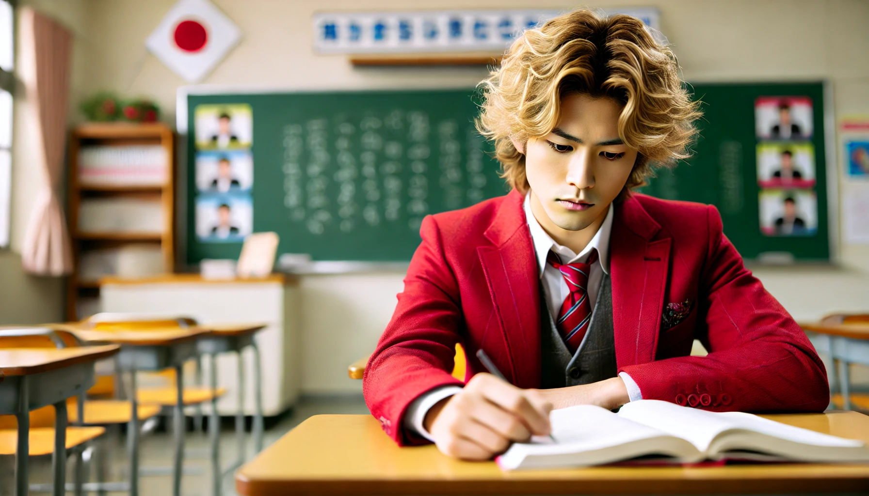 A Japanese male comedian wearing a red suit with wavy blonde hair, sitting at a desk in a classroom, studying intensely. The background is a typical Japanese high school classroom with a blackboard and books. Focused and determined expression.