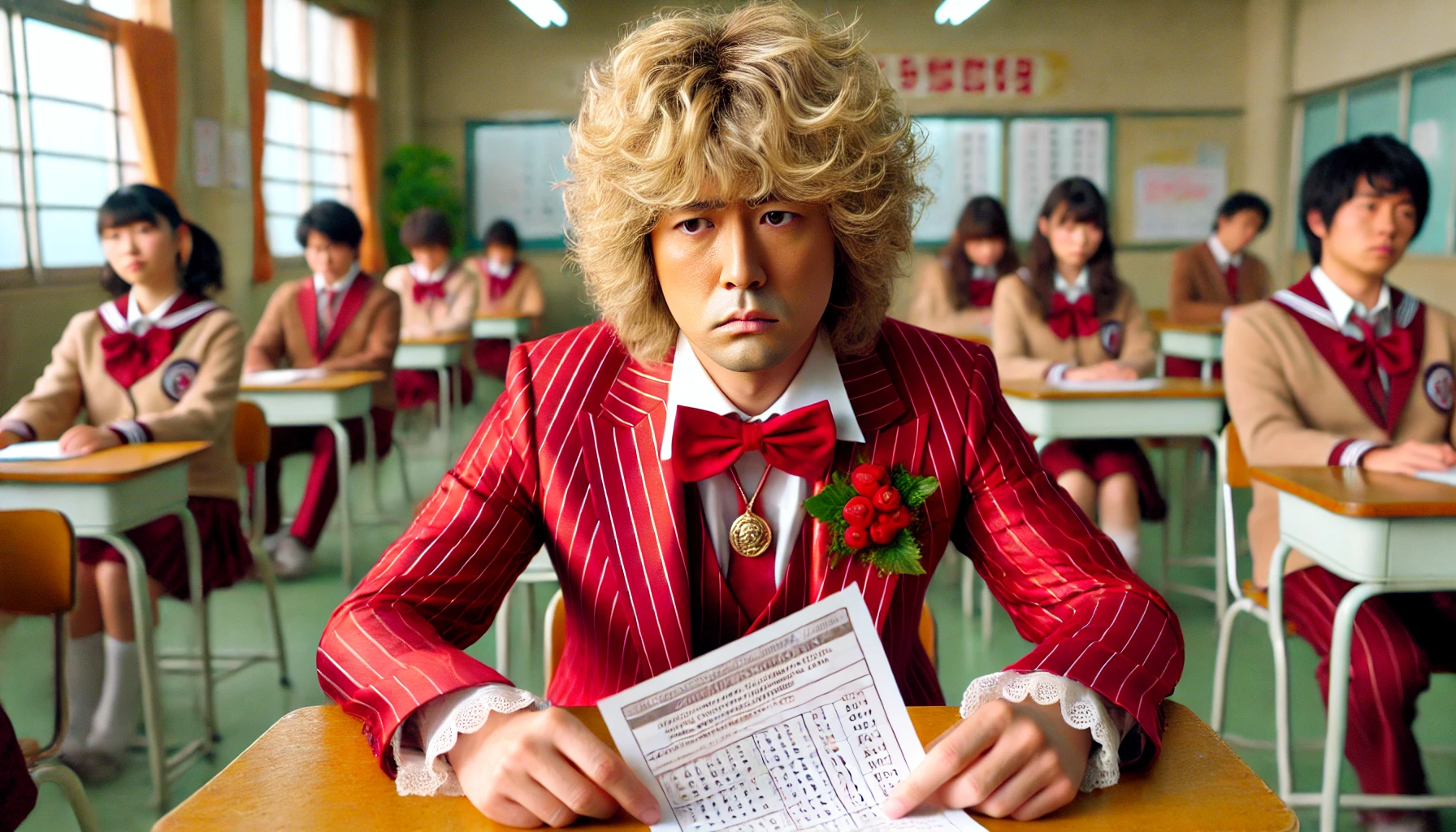 A Japanese male comedian wearing a red suit with wavy blonde hair, sitting at a desk looking disappointed with an exam paper in hand. The background is a school setting with other students and a test sheet showing a failing grade. The atmosphere is reflective and regretful.