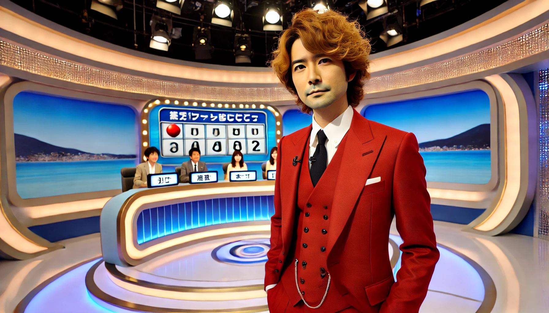 A Japanese male comedian wearing a red suit with wavy blonde hair, standing confidently on a television quiz show stage. The background features a large screen displaying quiz questions and a bright studio setup. He appears focused and ready to answer.