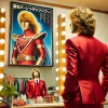 A Japanese male comedian in a bright red suit with wavy blonde hair, standing in a dressing room, looking at a framed poster of a classic tokusatsu (special effects) show. The image reflects admiration and nostalgia for his inspiration behind his stage name. The setting includes stage costumes and mirrors. The image is in a realistic style.