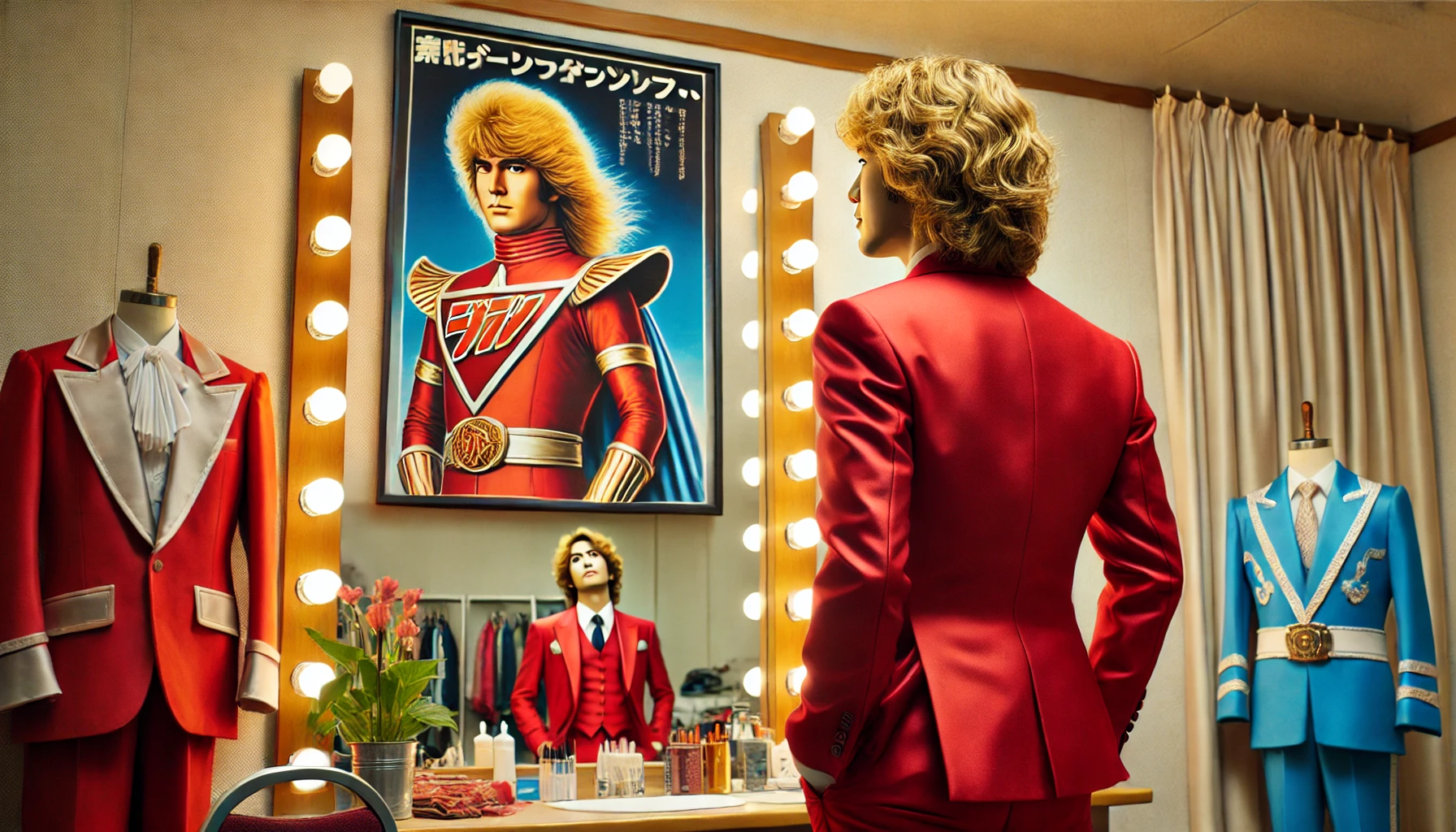 A Japanese male comedian in a bright red suit with wavy blonde hair, standing in a dressing room, looking at a framed poster of a classic tokusatsu (special effects) show. The image reflects admiration and nostalgia for his inspiration behind his stage name. The setting includes stage costumes and mirrors. The image is in a realistic style.