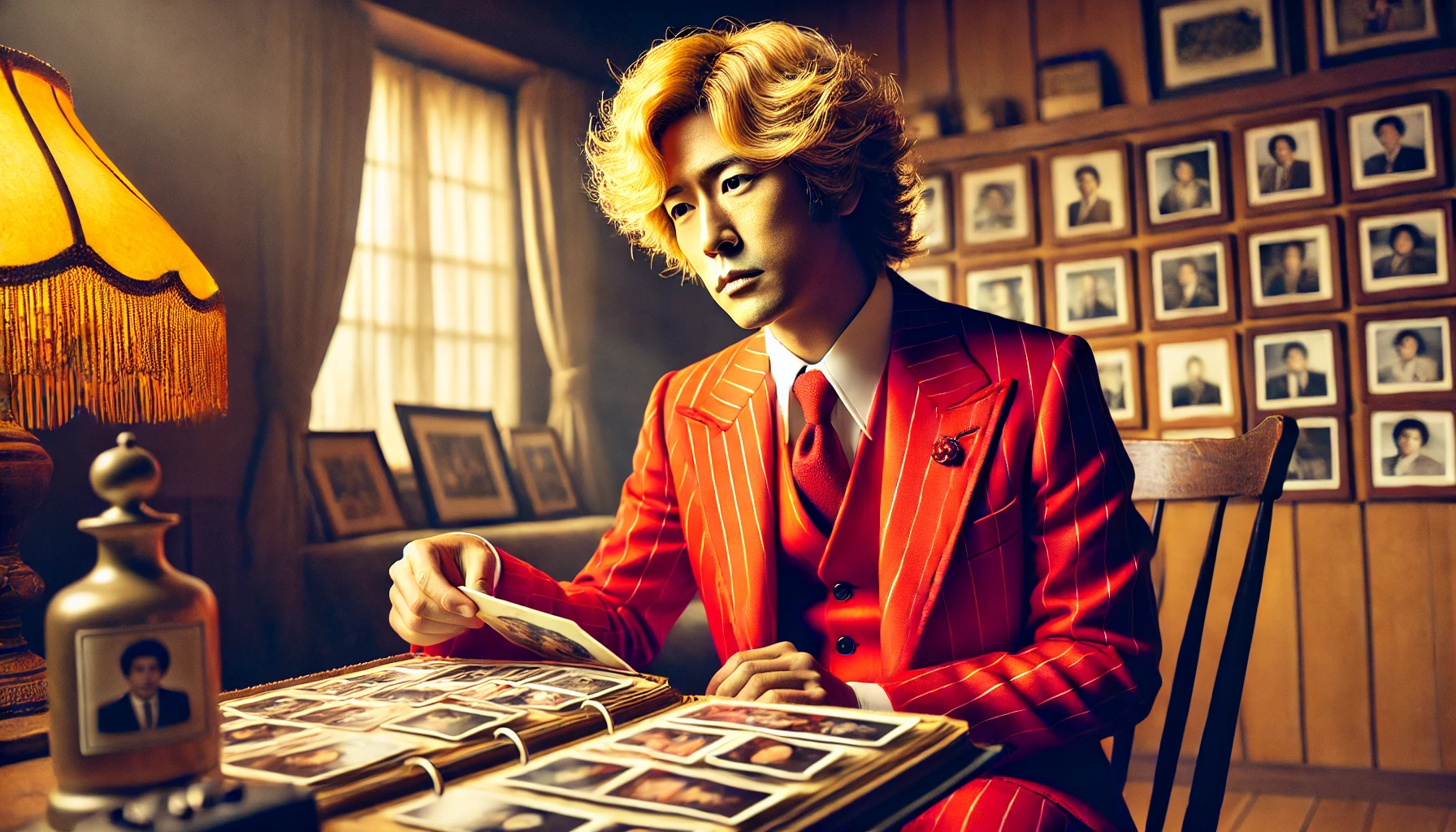 A Japanese male comedian in a bright red suit with wavy blonde hair, sitting in a cozy room, looking at old photo albums. The setting has warm lighting, suggesting nostalgia and personal reflection. The image is in a realistic style.