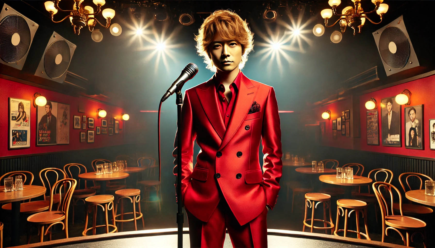 A Japanese male comedian wearing a bright red suit with wavy blonde hair, standing confidently on a stage with a microphone. The background features a dimly lit comedy club with a small audience. The lighting emphasizes his striking appearance. The image is in a realistic style.