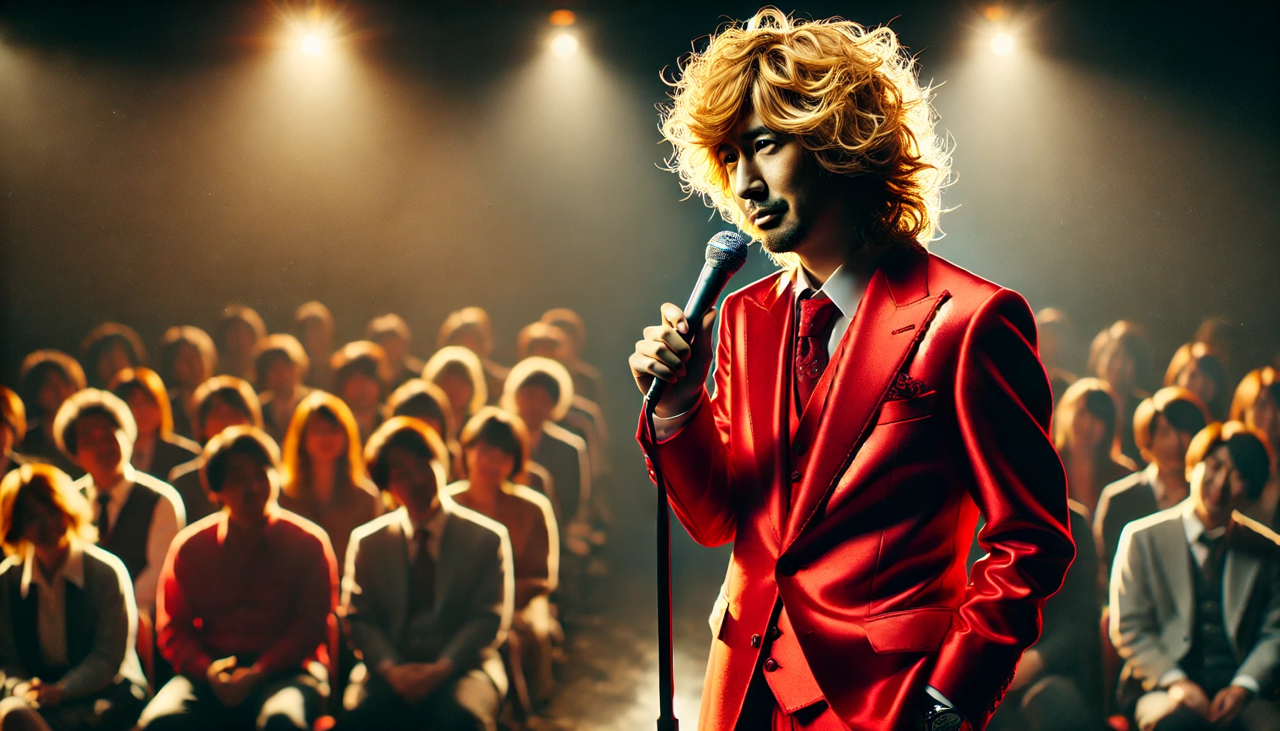 A Japanese comedian with wavy blonde hair wearing a red suit, standing on a stage with a microphone, performing in front of an audience. The scene is lively and captures the essence of stand-up comedy. The lighting highlights his iconic red outfit and expressive gestures.