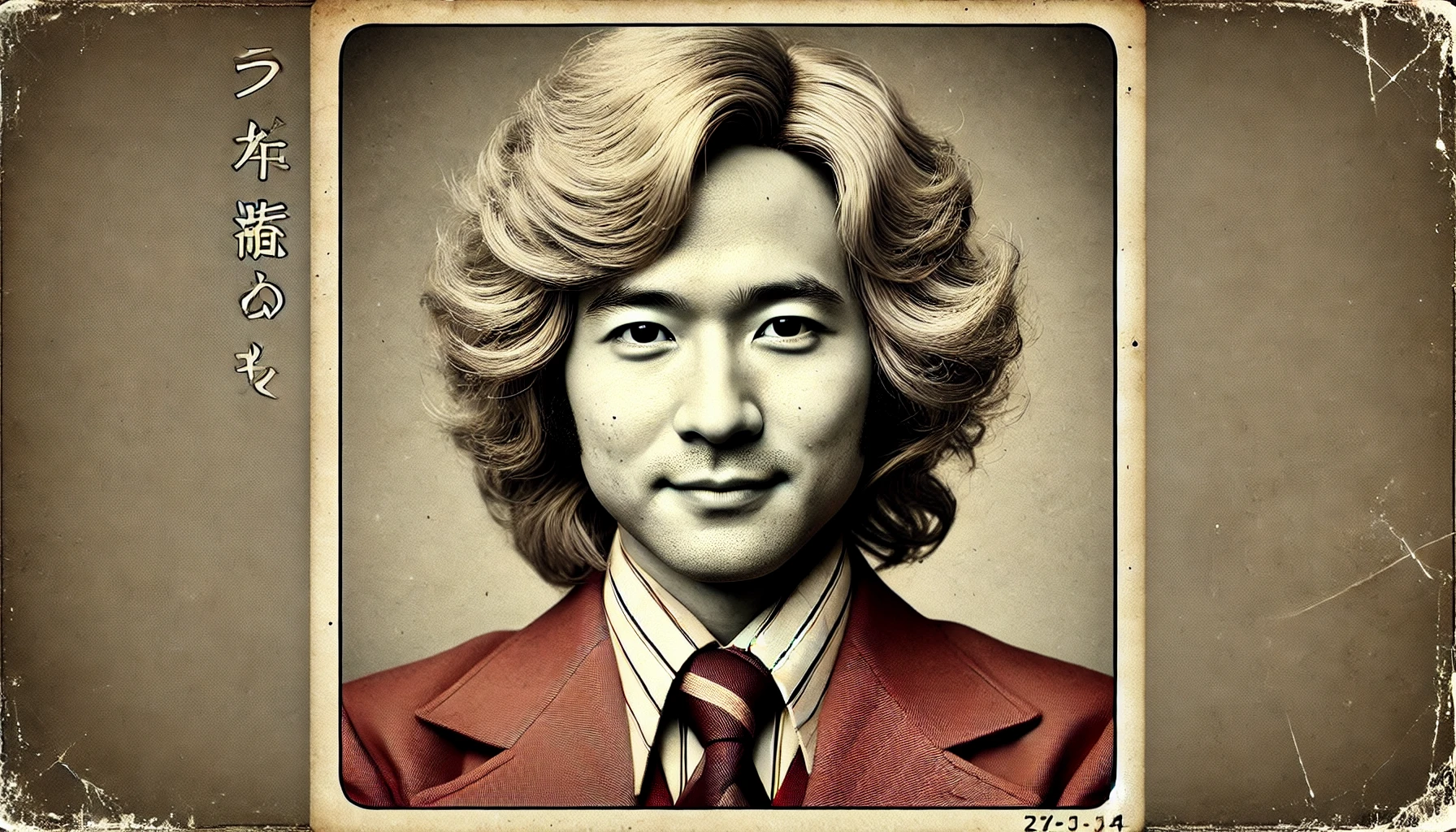 A vintage-style photo of a Japanese comedian with wavy blonde hair wearing a red suit, representing his past appearance. The image should capture a nostalgic feel, with slightly faded colors and an old photograph texture.