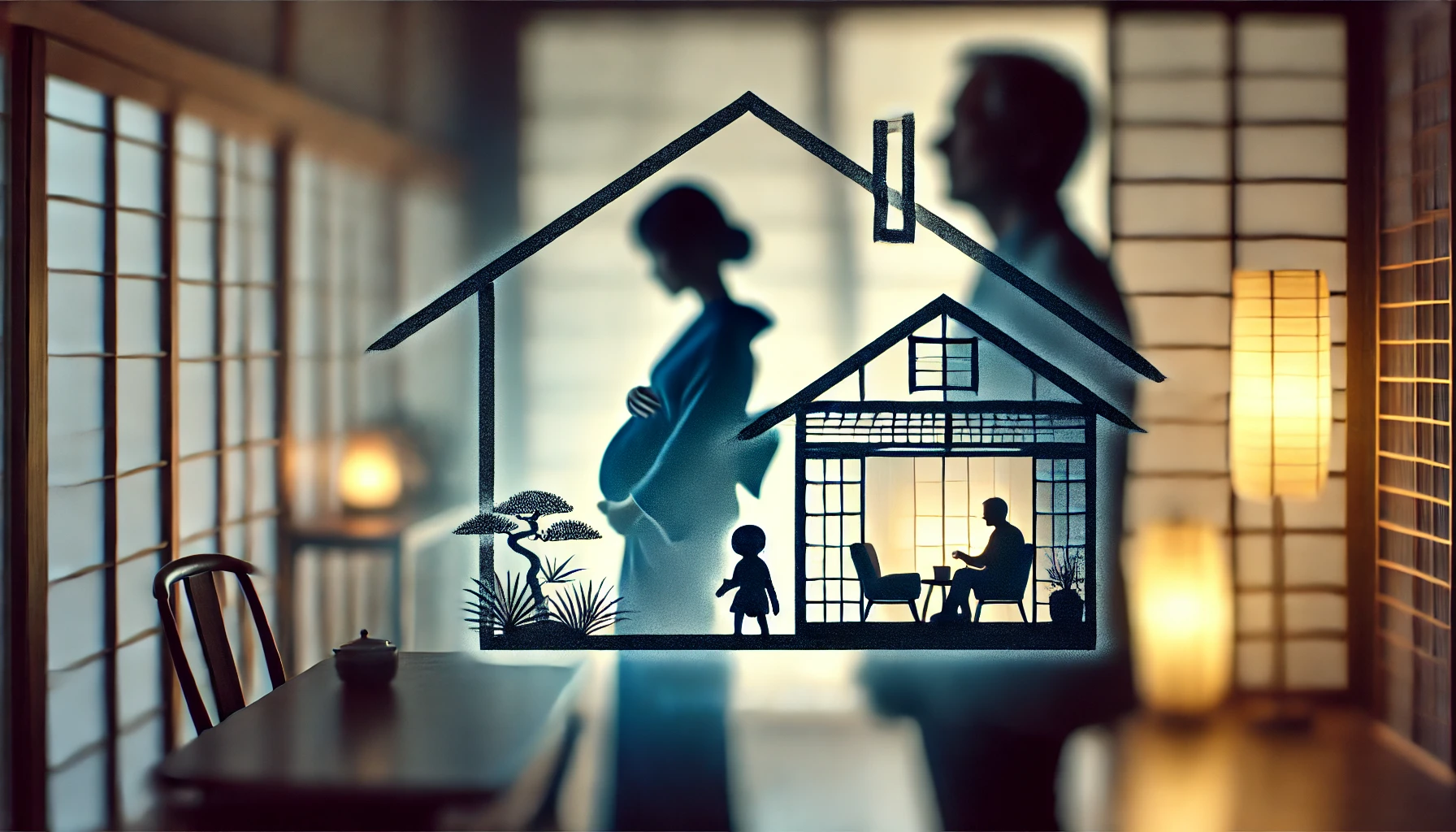 A symbolic image representing the importance of privacy in Robert Akiyama's family. The image features a serene home environment with soft lighting, blurred silhouettes of a Japanese couple in the background, and a sense of calm. The focus is on the concept of family privacy rather than identifiable individuals.