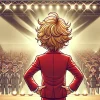 A Japanese comedian with wavy blonde hair wearing a red suit, appearing on a grand stage, signifying his breakthrough moment in the entertainment industry. The scene should be energetic, with bright lights and a large audience.