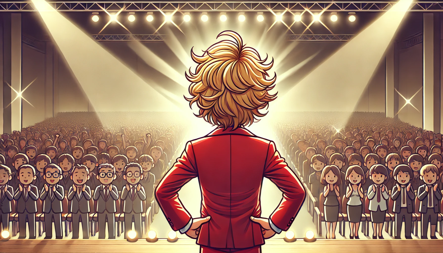 A Japanese comedian with wavy blonde hair wearing a red suit, appearing on a grand stage, signifying his breakthrough moment in the entertainment industry. The scene should be energetic, with bright lights and a large audience.