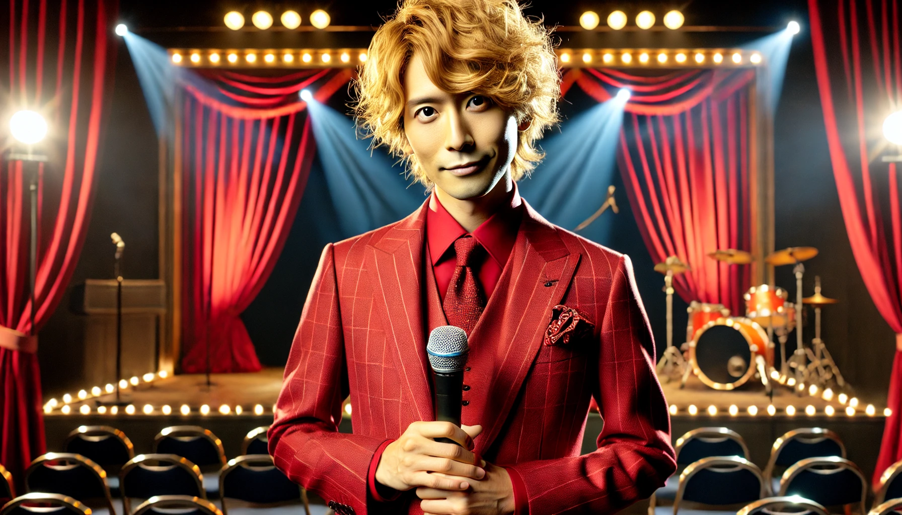 A Japanese comedian wearing a red suit with wavy blonde hair, standing confidently on a stage with a microphone in hand. The background features a comedy club setting with stage lights and a curtain. The comedian has a charismatic and energetic expression.