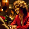 A Japanese comedian wearing a red suit with wavy blonde hair, caught in a moment during a date at a stylish restaurant. The comedian is smiling, engaged in conversation, while the atmosphere is cozy and romantic with dim lighting.